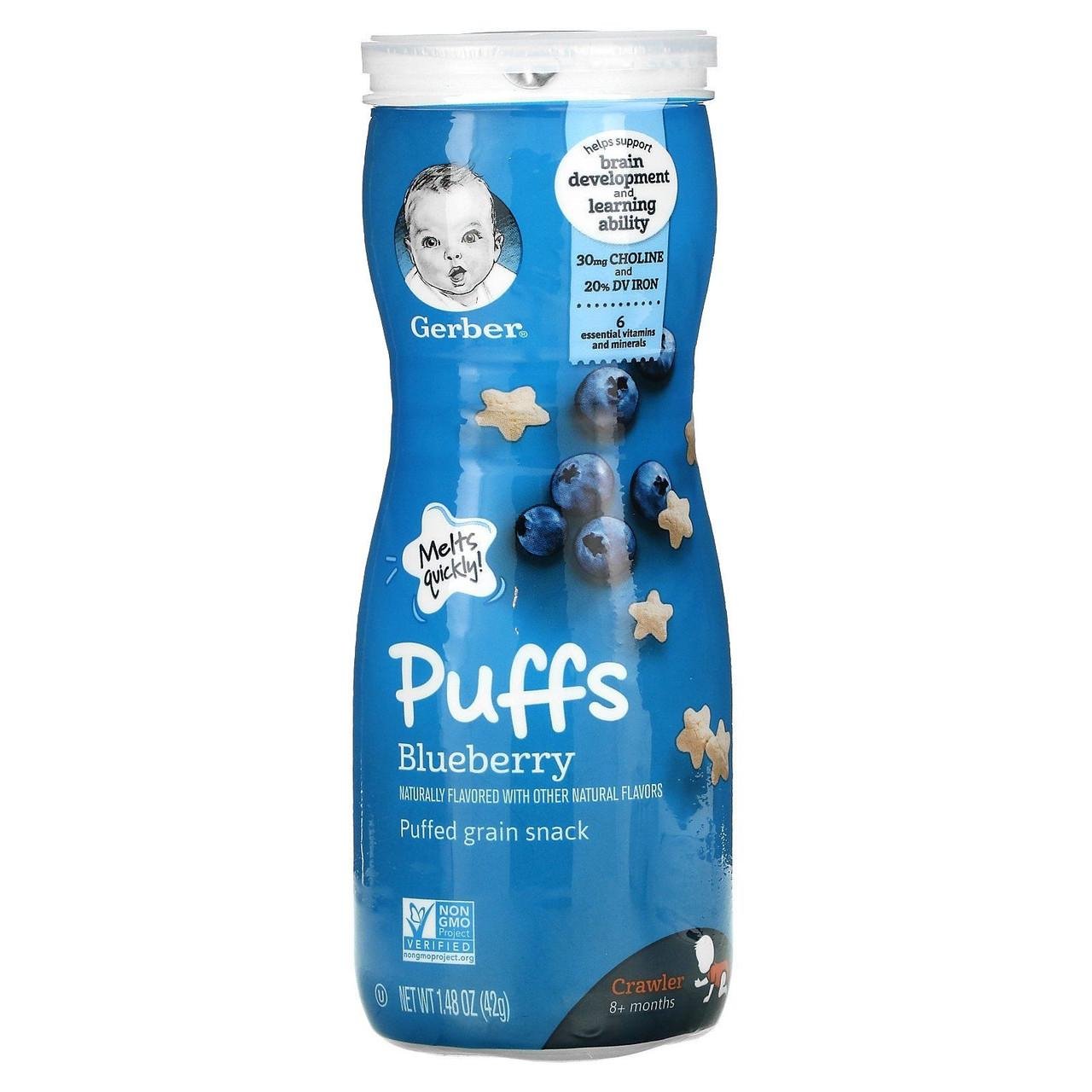 Детские пуфы Gerber Puffs Puffed Grain Snack с черникой от 8 месяцев 42 г - фото 1