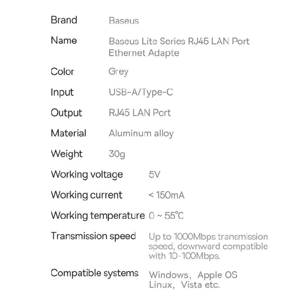 Перехідник Baseus Lite Series Ethernet Type-C to RJ45 Grey (38665) - фото 11