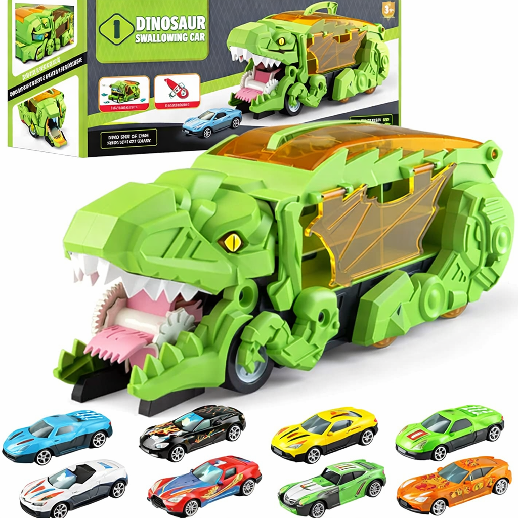 Автовоз-трейлер Динозавр трансформер Dino T-Rex 3в1 8 машинок Зеленый (2687457816)