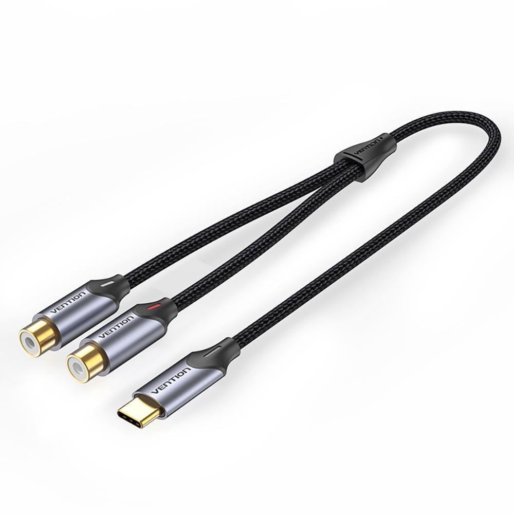 Кабель Vention Type-C-2RCA мама стерео тюльпаны-USB-C Hi-Fi звук AUX DAC ЦАП нейлоновое оплетение 1,5м Черный (BGVHG)