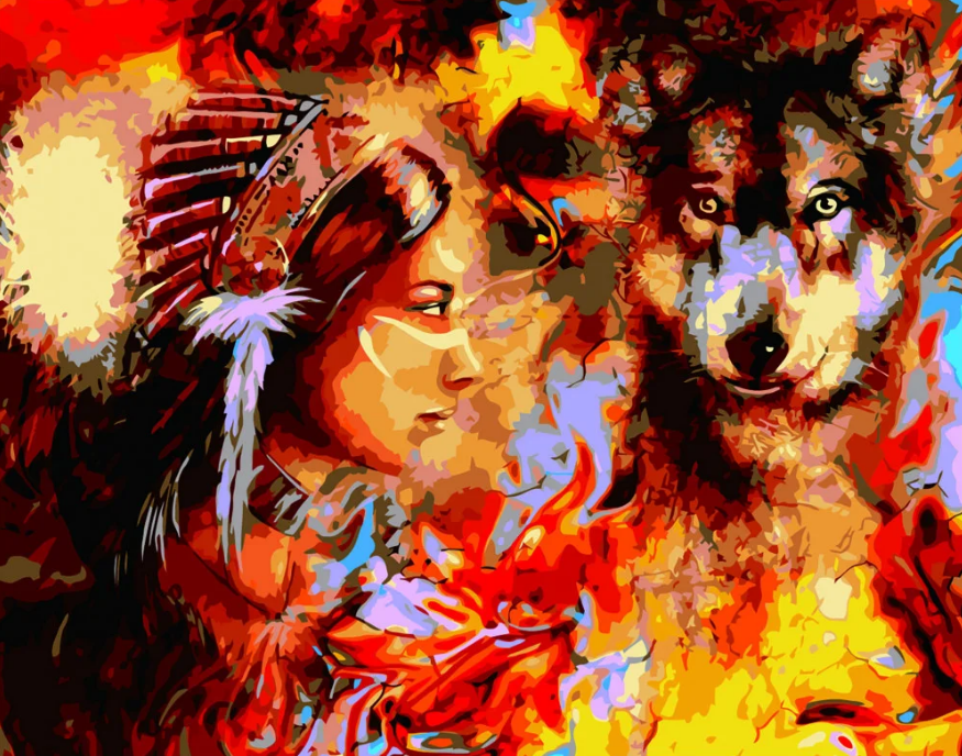 Картина по номерам Strateg Женщина-команча с волком 40x50 см (VA-2519)