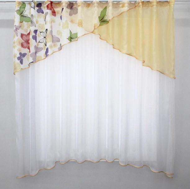 Занавеска на кухню с ламбрекеном шифон/органза 270х170 см Золотистый/Белый (00к 59-539)