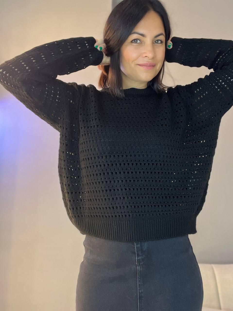 Свитер женский MIX RAY 6766 ажурная вязка сетка паутинка OS Черный (1233)