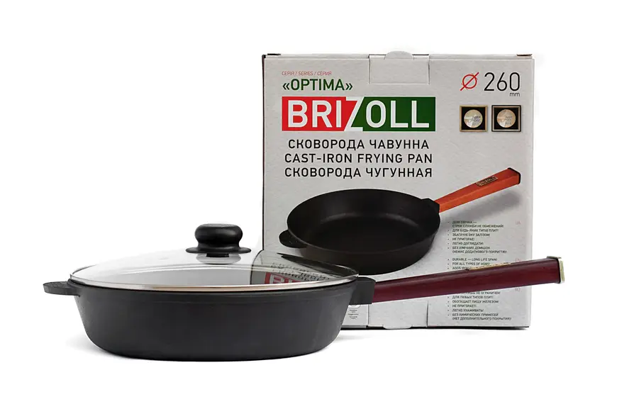 Сковорода Brizoll Optima чугунная с деревянной ручкой и стеклянной крышкой 260х65,5 мм (93-90-O2660-P2-C)