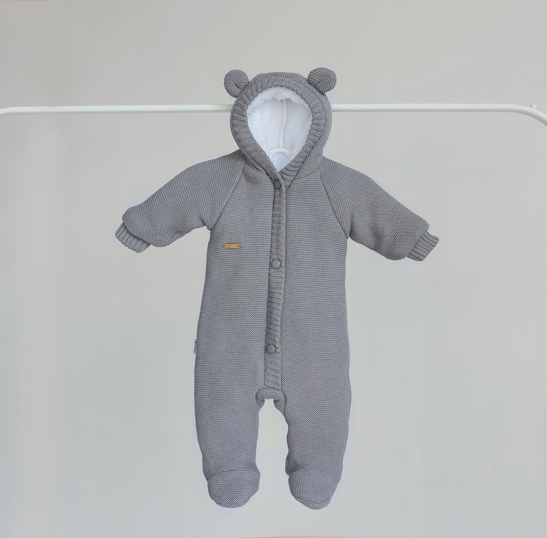Комбинезон детский Kids fantasy Мишутка теплый вязаный на махре с капюшоном 62 см Серый (FK09)
