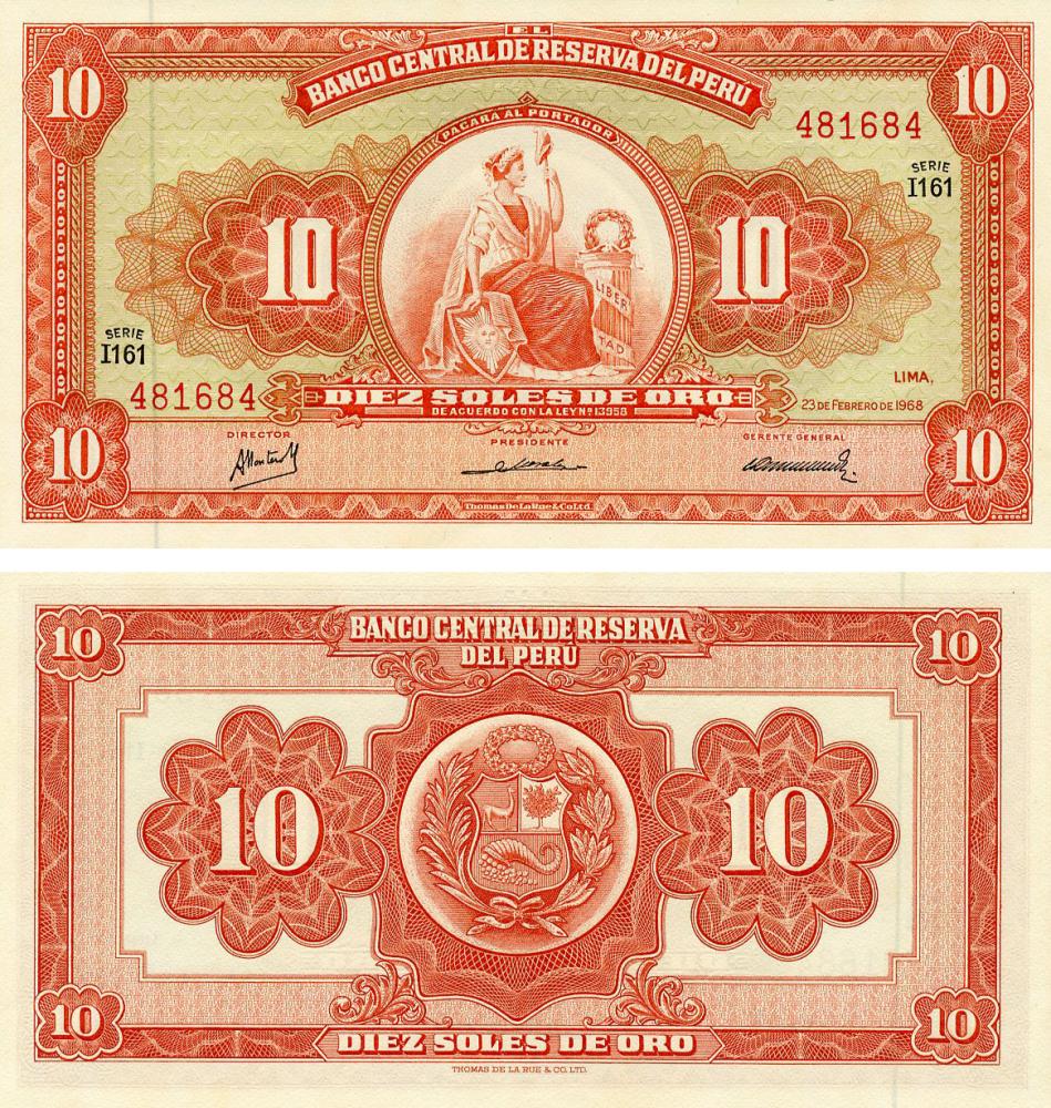 Коллекционная банкнота Перу 10 соль 1968 AU-UNC (P84a)