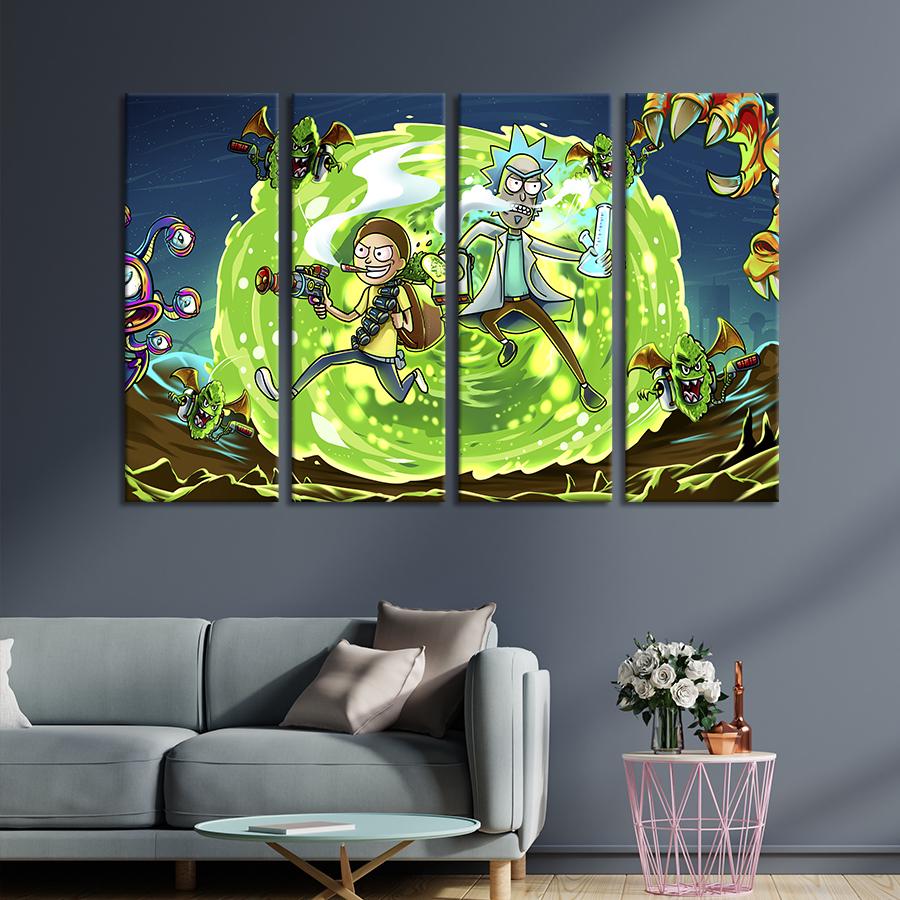 Картина модульная из 4 частей Рик и Морти среди инопланетян XL 209x133 см (737-41)