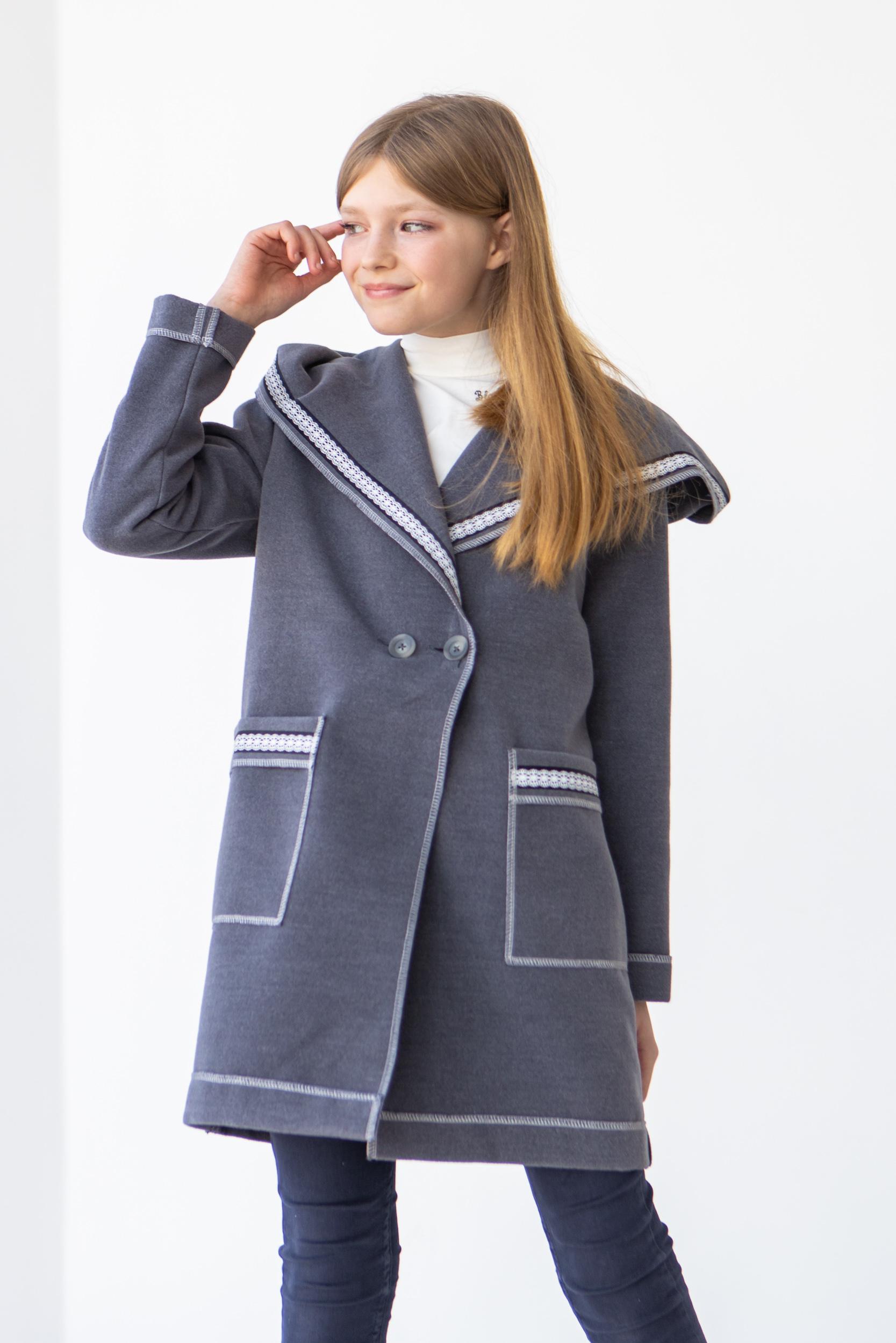 Полупальто демисезонное Diва на девушку подростка с капюшоном и накладными карманами 146 см Серый (705)