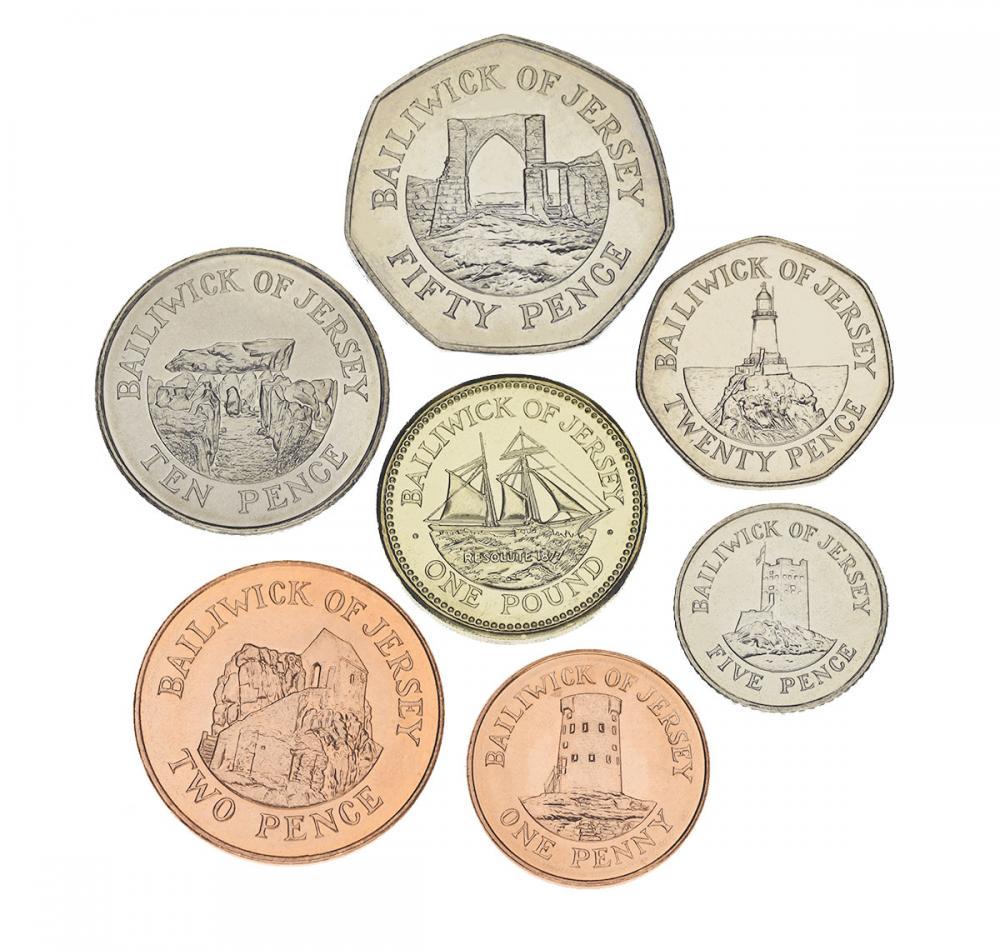 Коллекционные монеты Джерси 7 шт. 1998-2005 UNC 1/2/5/10/20/50 пенсов/1 фунт (М05195)