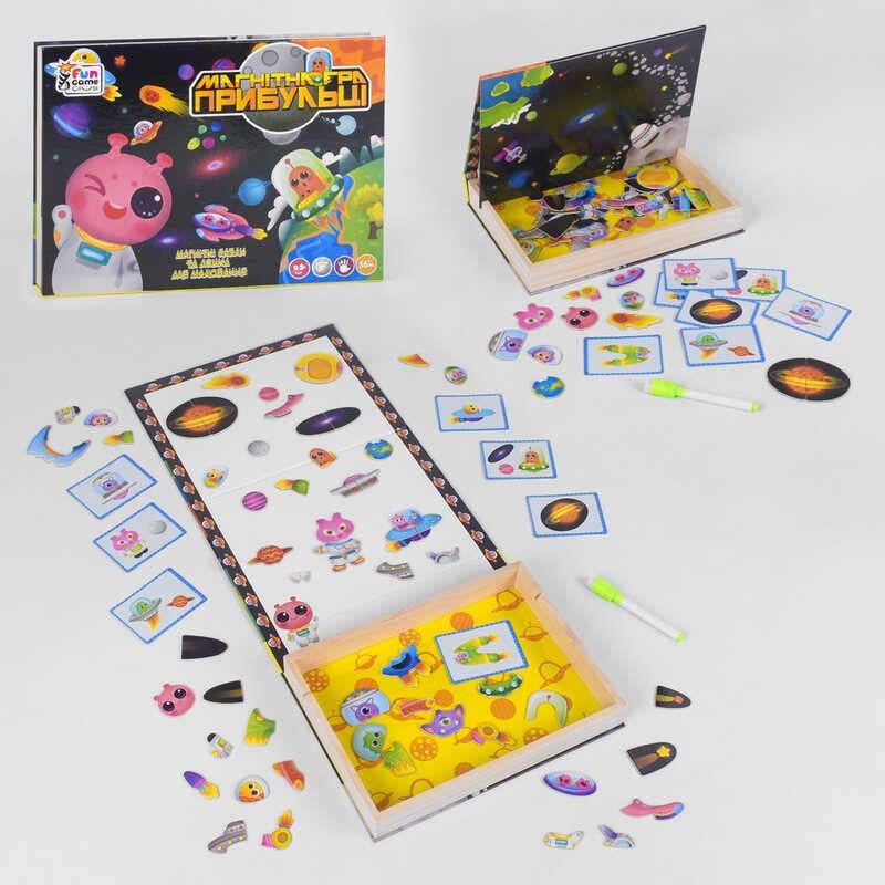 Пазли дерев'яна гра Fun Game 18094 Космічні прибульці 12 українською мовою 68 елементів магнітні маркер та дошка