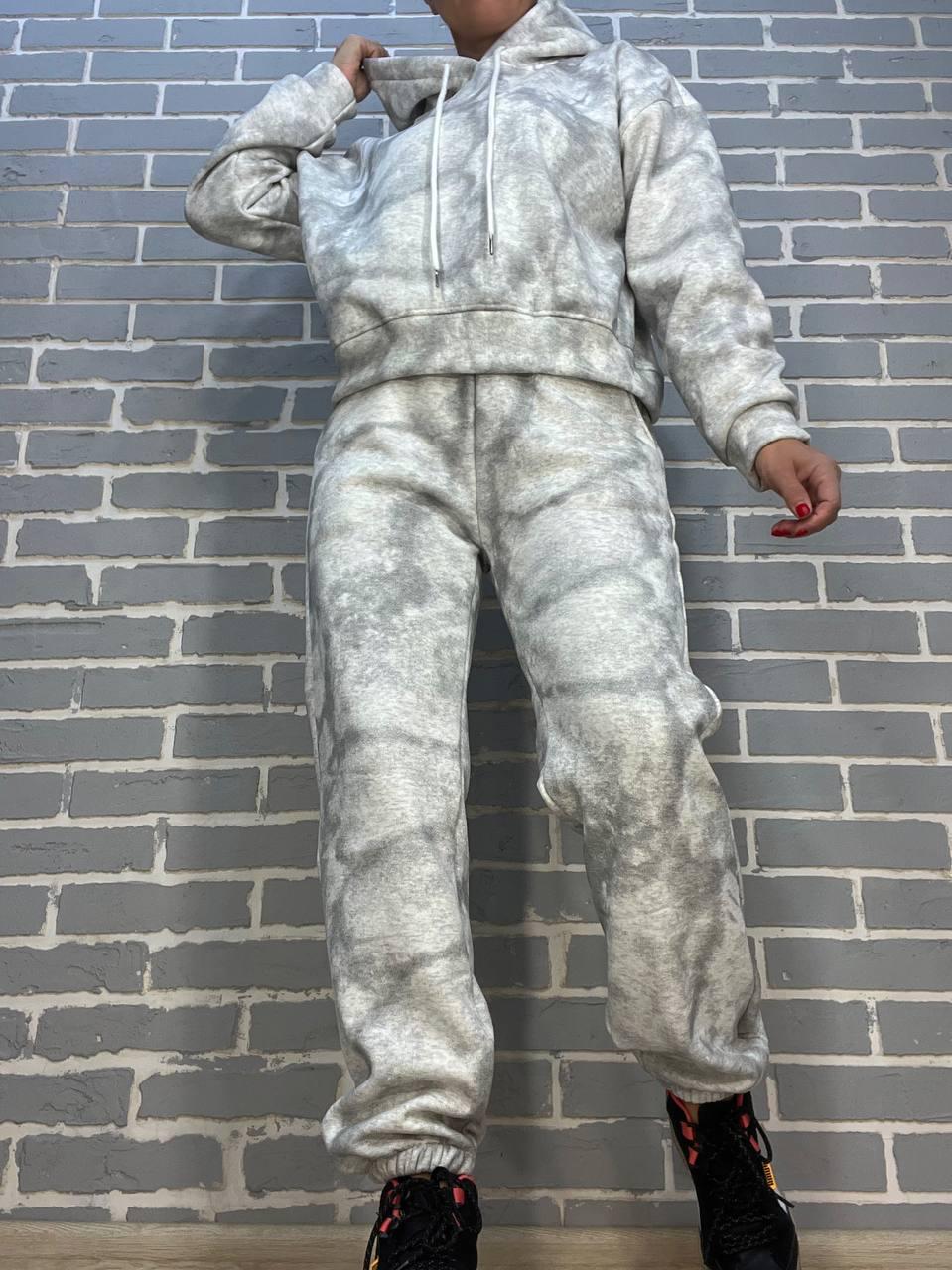 Костюм женский JOY ONE 98596 худи капюшон с джоггерами вареный мраморный утепленный M Белый (3068)