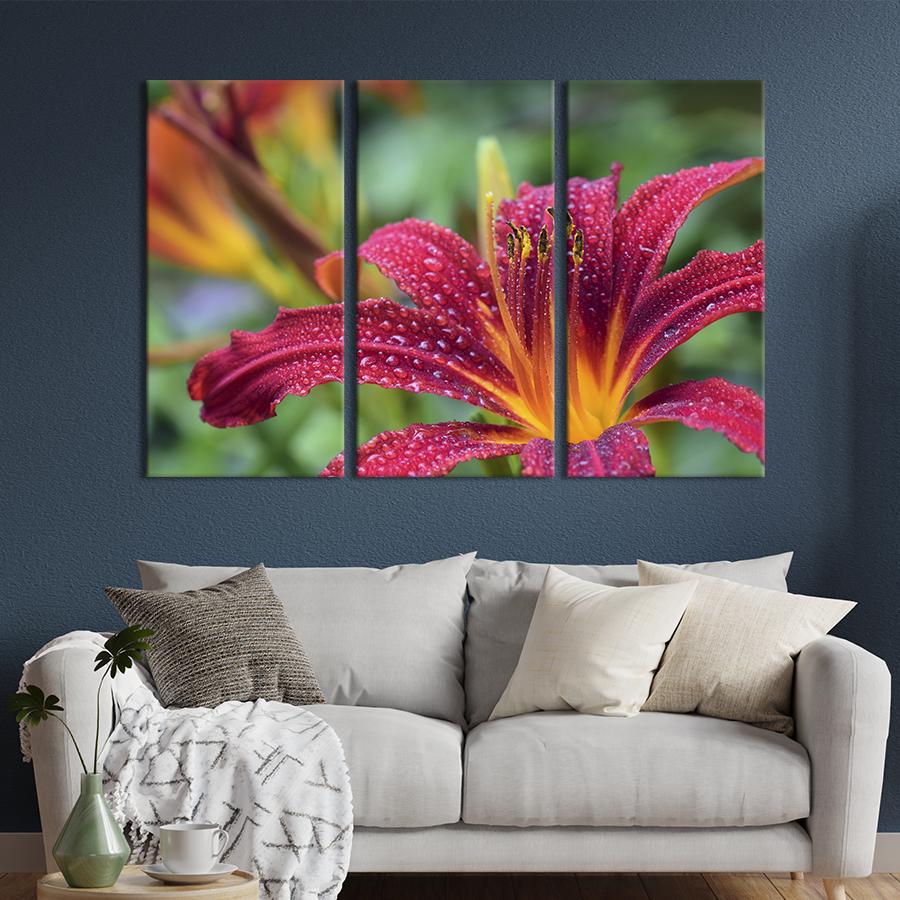 Картина на холсте триптих Бордовая лилия в росе 78x48 см (802-31)