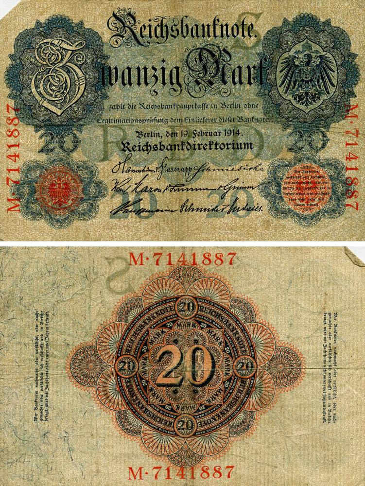 Колекційні банкноти Німеччина 20 марок 1914 VG-VF (P46b)