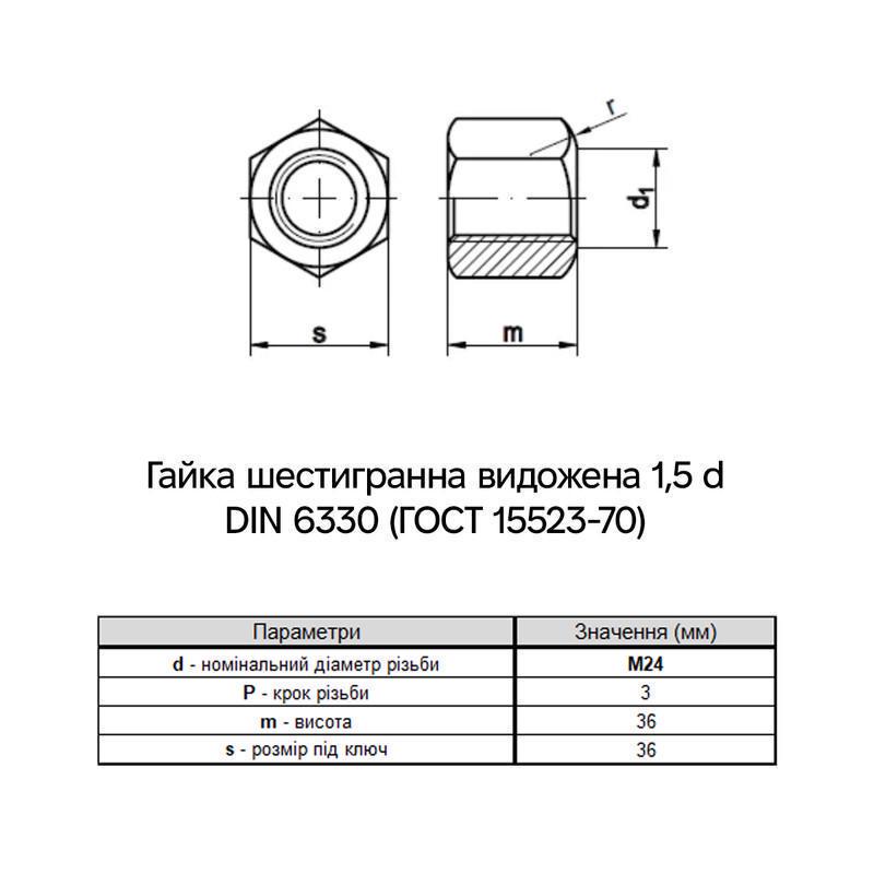Гайка шестигранная висока Metalvis М24 DIN6330 сталь 10 шаг 3 под ключ 36 мм без покрытия 1 шт. (6V20000006WS240001) - фото 2