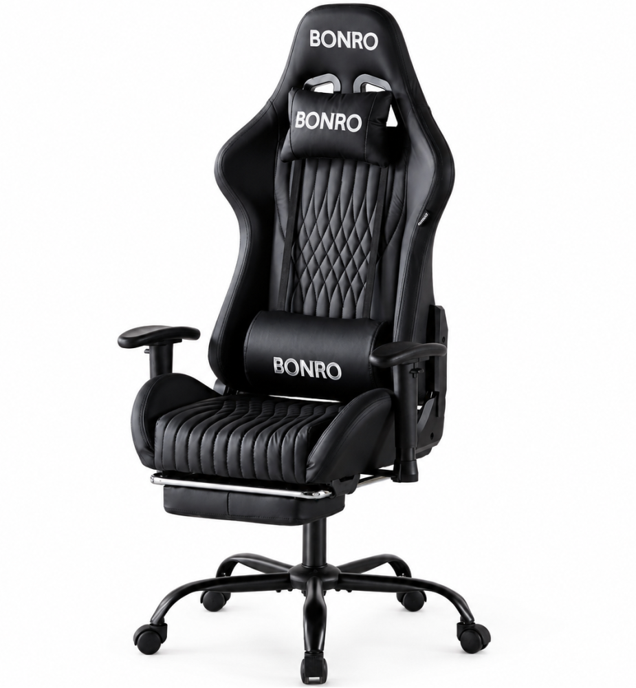 Геймерское кресло с подставкой для ног Bonro 1002G-1 до 150 кг TILT Черный (SI-BN1002B-1)