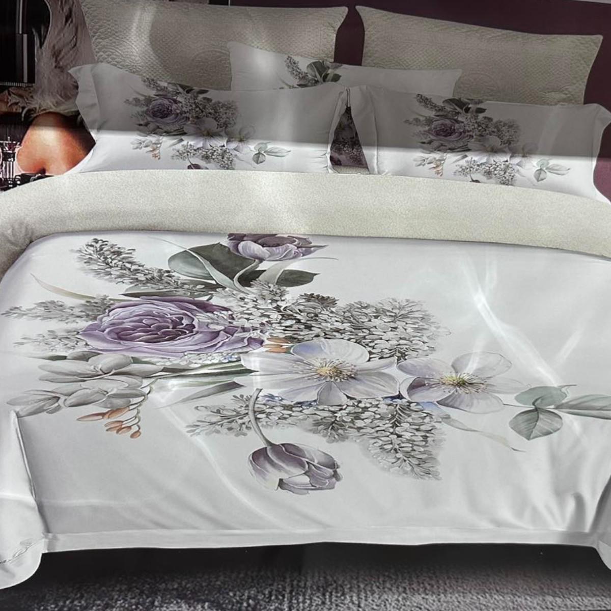 Комплект постельного белья Koloco хлопок цветы евро Бело-сиреневый (42559)