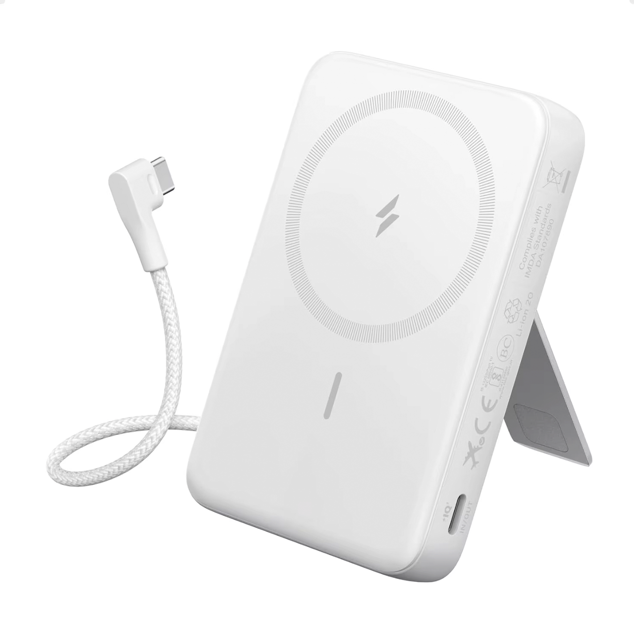 Повербанк магнитный беспроводной Anker Zolo 10000 mAh 30 W со встроенным кабелем Type-C и подставкой A1685 White (110604416)