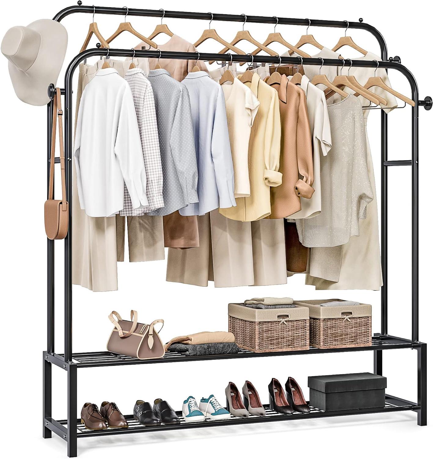 Стійка вішалка для одягу та взуття подвійна DOAKT сталева підлогова з гачками і колеса XL Black (DSV-100BK)