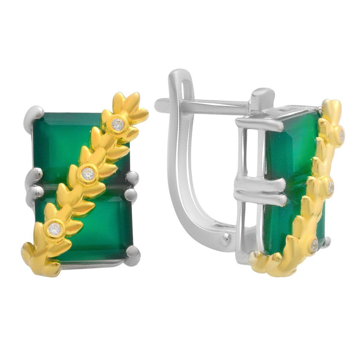 Сережки срібні з натуральним зеленим агатом прямокутної форми з позолоченими елементами Сережки срібні з натуральним зеленим агатом прямокутної форми з позолоченими елементами