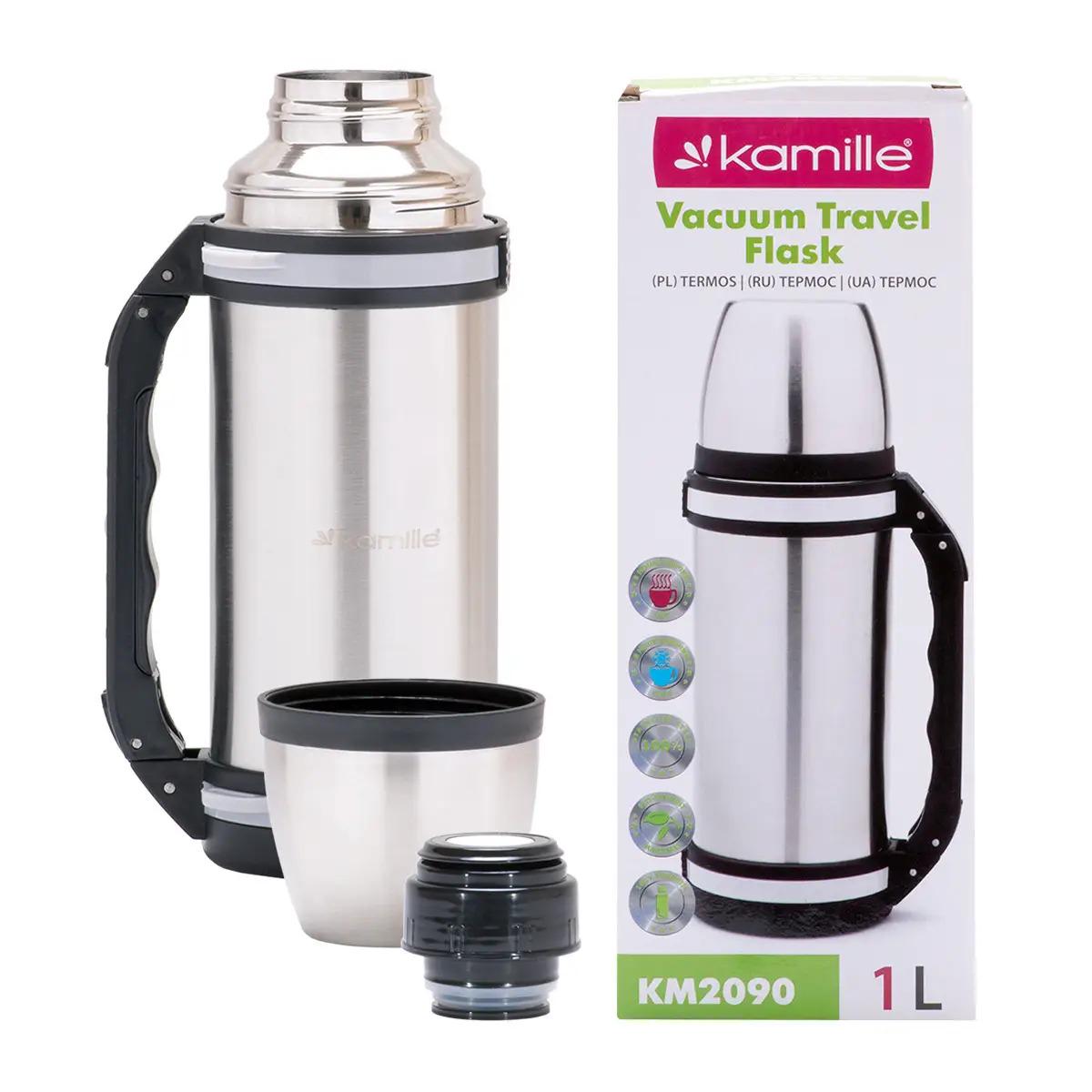 Термос Kamille из нержавеющей стали с ручкой и ремешком 1000 мл (KM-2090)