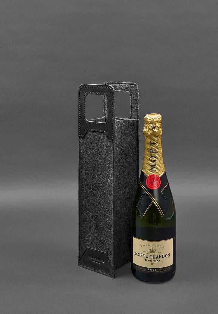 Чохол для вина 1.0 із фетру зі шкіряними вставками Crazy Horse Чорний (A-027930) - фото 4