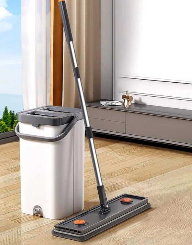 Плоская швабра с ведром на присосках и 2 насадками для сухой и влажной уборки (1809)