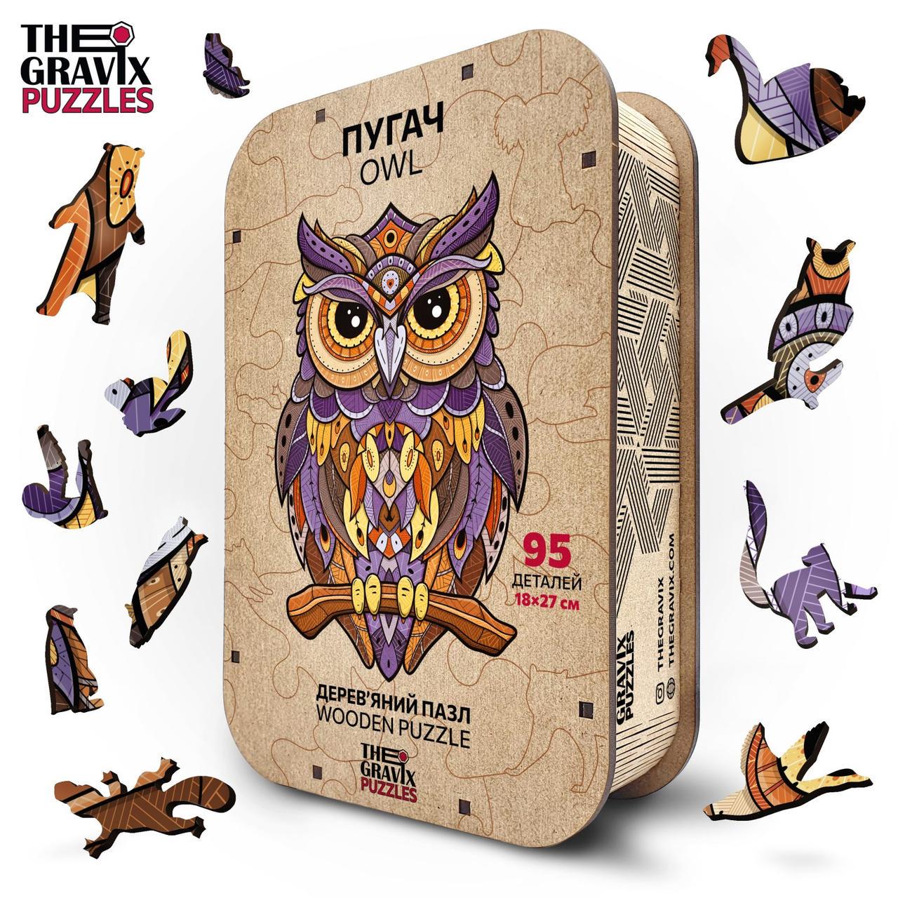 Пазл дерев'яний фігурний TheGravix Тварини Сова 95 деталей - фото 3 Пазл дерев'яний фігурний TheGravix Тварини Сова 95 деталей - фото 3