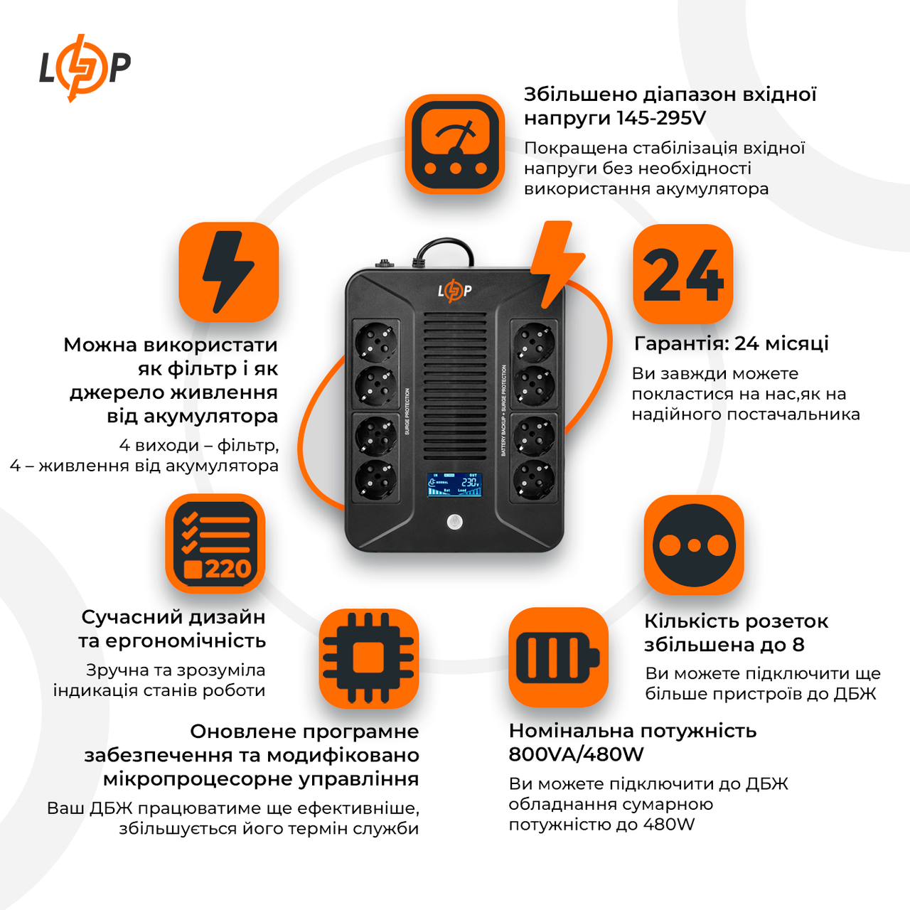ИБП линейно-интерактивный LogicPower LP-UL800VA-8PS 480 Вт - фото 2 ИБП линейно-интерактивный LogicPower LP-UL800VA-8PS 480 Вт - фото 2
