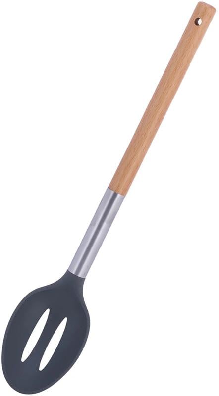 Ложка поварская Kamille Chantal 32 см с прорезями нейлоновая с деревянной ручкой (KM-8854)