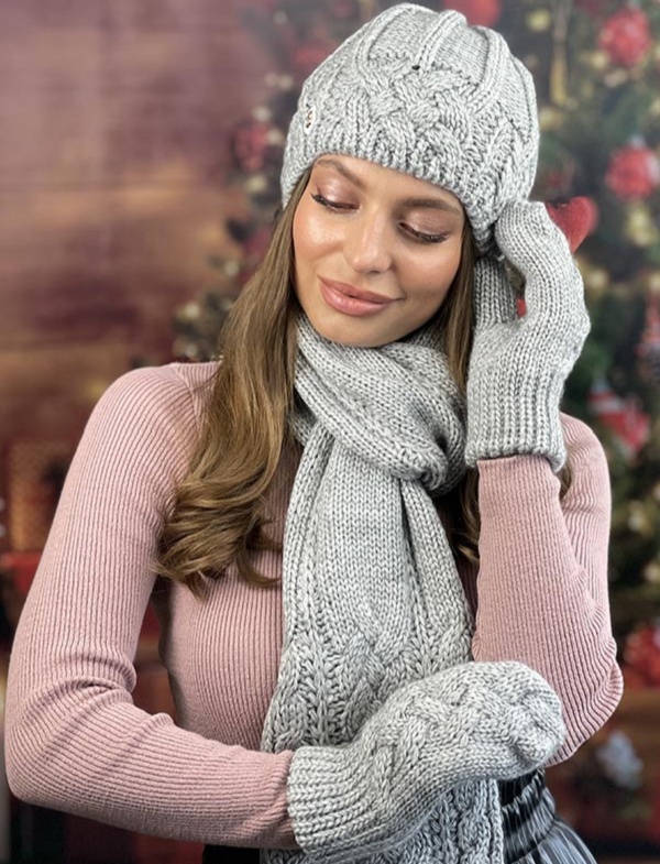 Комплект шапка с шарфом и перчатками женский Braxton Камелия Светло-серый (707W) - фото 1