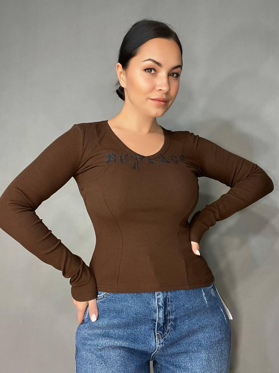 Лонгслив женский A-N 25079 рубчик реглан v-вырез корсетные швы OS Коричневый (3453)