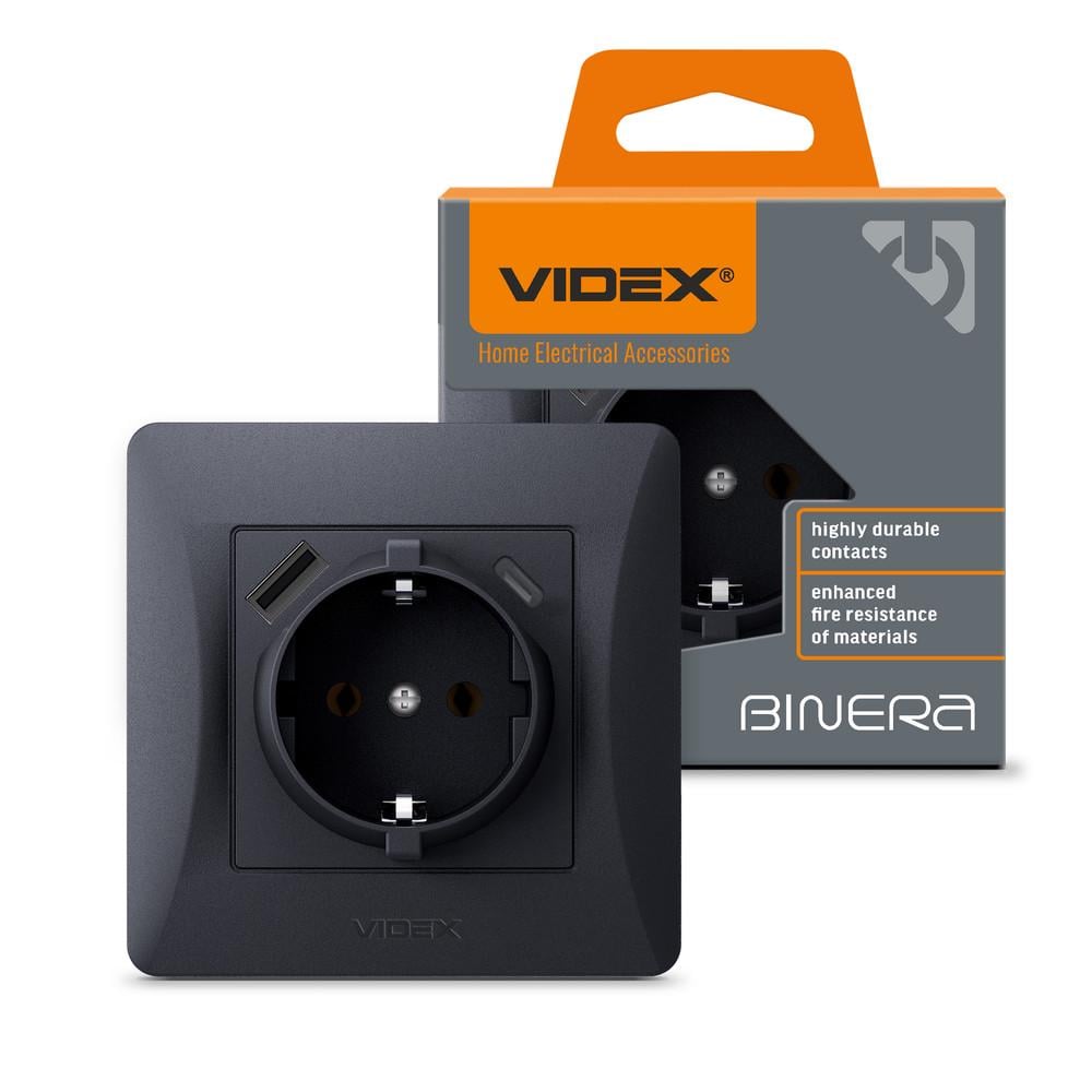 Розетка Videx BINERA с USB+USB-C с заземлением Черный графит (12090)