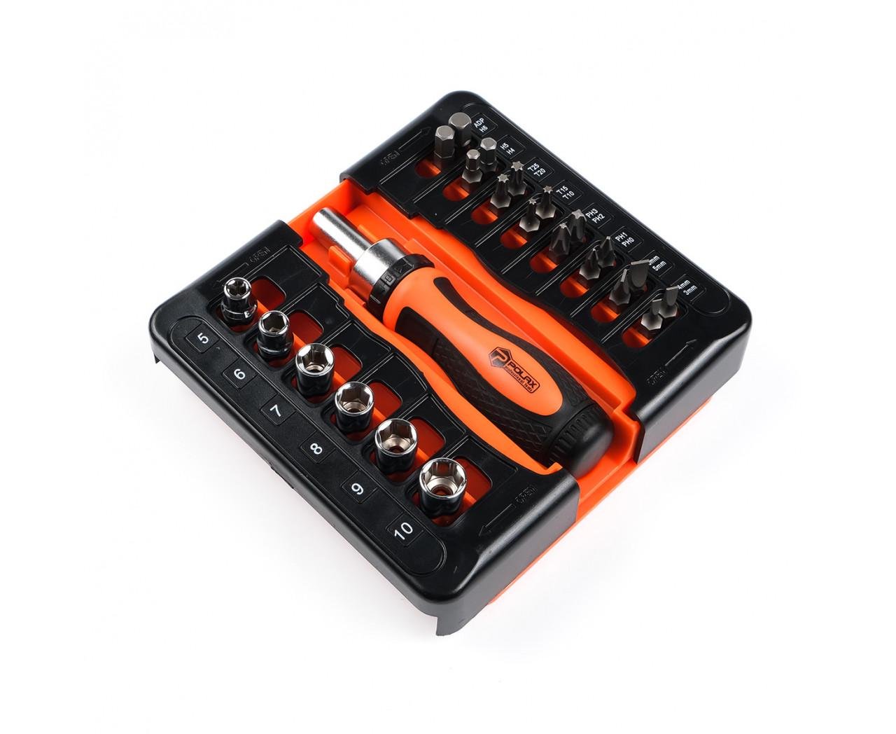 Отвертка Polax с реверсом сменными насадками и битами 23в1 (51-048)