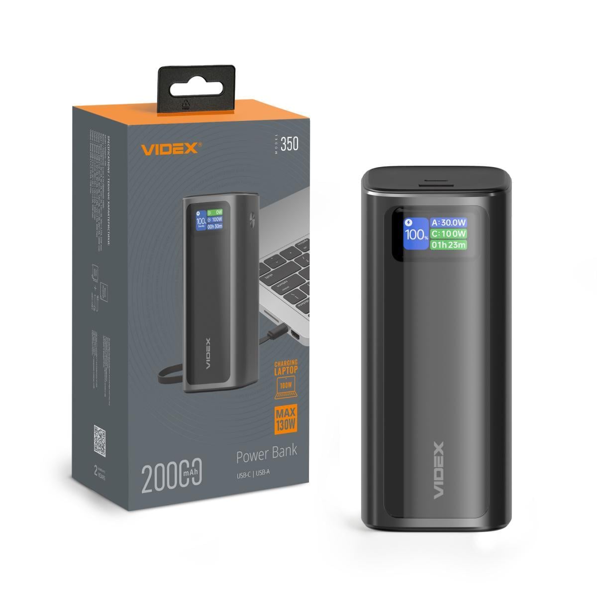 Повербанк 20000mAh Videx VPB-350 130W PD100W/Display (VPB-350-G)