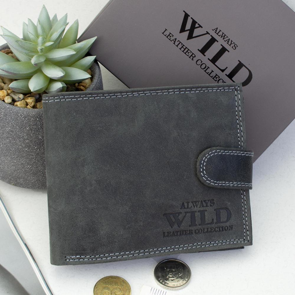 Портмоне мужское кожаное Always Wild N992L-P-CHM на кнопке Серый
