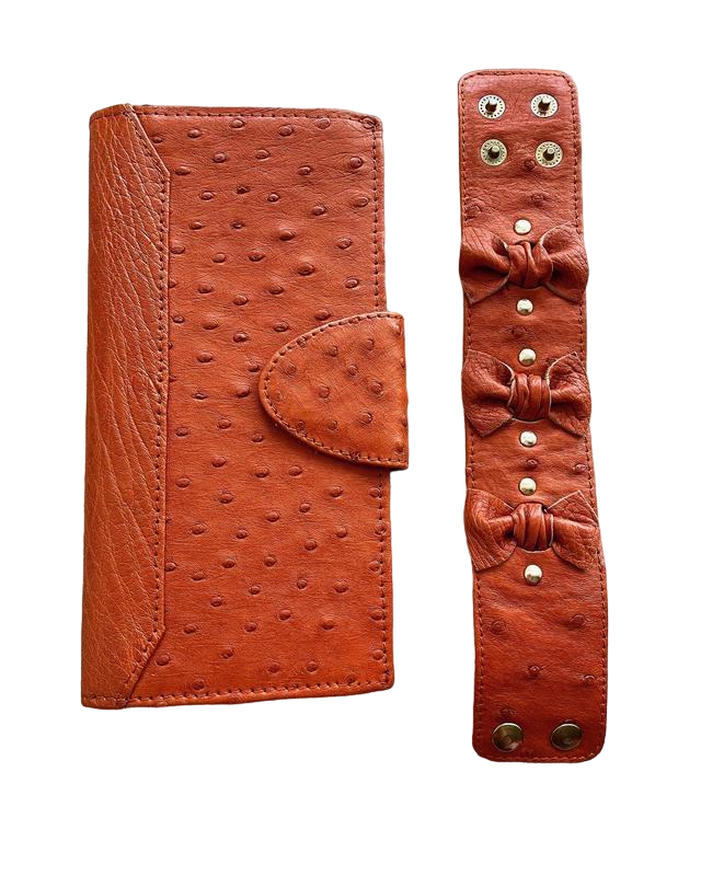 Комплект гаманець/браслет зі шкіри страуса Кораловий (ok02)