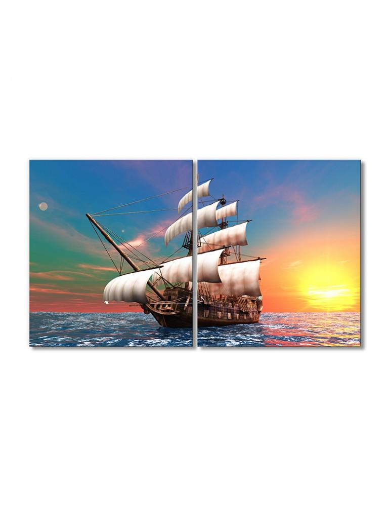 Картина модульная Радужный закат парусник 2 модуля 30х45 см