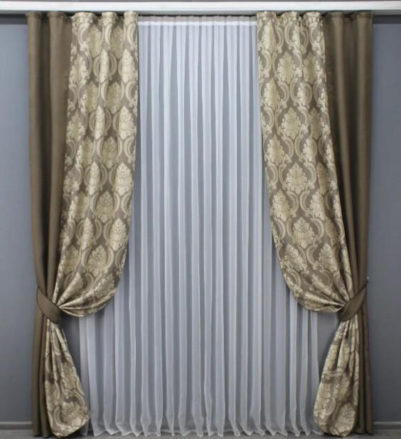 Комплект комбинированных штор лен 1,3х2,7 м 2 шт. Коричневый/Бежевый (014дк/277-1271ш)