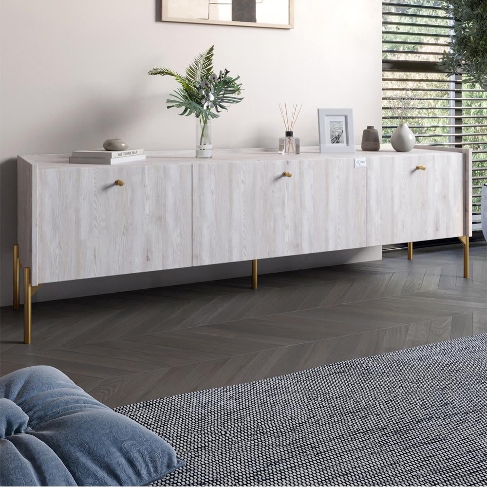 Тумба под телевизор на 3 ящика Lion Wood с золотыми ножками 160х65х40 см Самоа Дымчатый (000-000-2343)