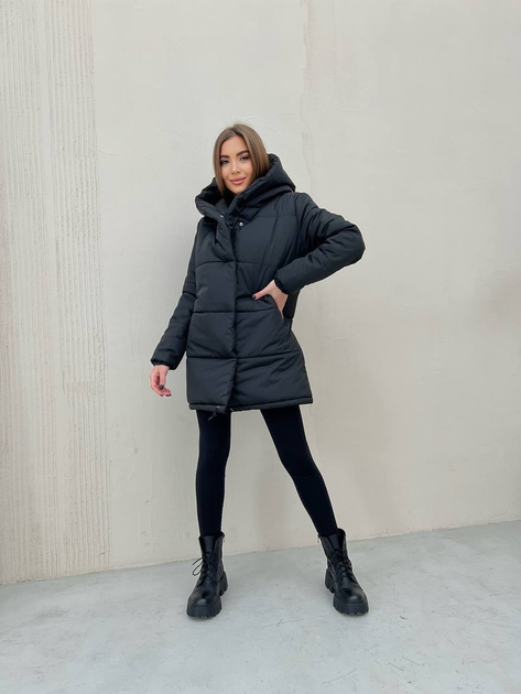 Куртка-пуховик жіноча зимова вільного крою з капюшоном L Чорний (OV-0101В-46) - фото 2 Куртка-пуховик жіноча зимова вільного крою з капюшоном L Чорний (OV-0101В-46) - фото 2