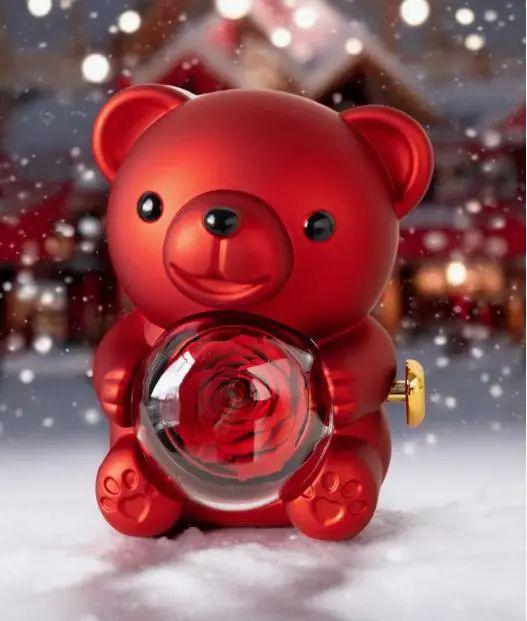 Шкатулка-медведь вращающийся с розой в колбе Красный (opt-105632)