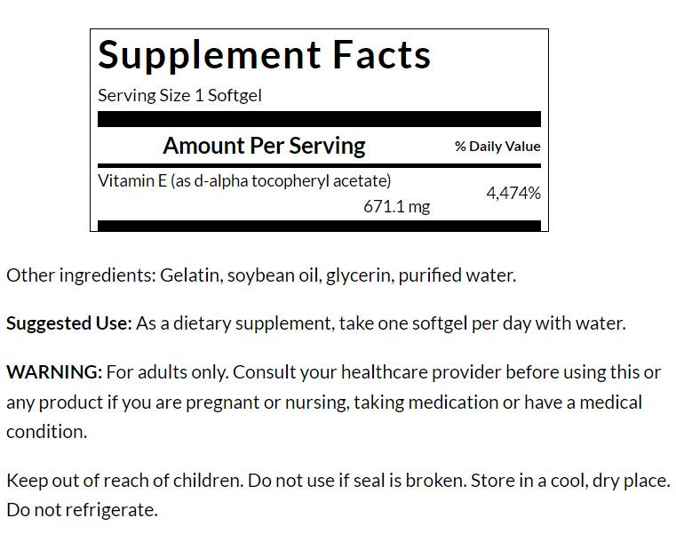 Вітамін E Swanson Vitamin E 1000 IU (671 mg) Natural 100 Caps - фото 2