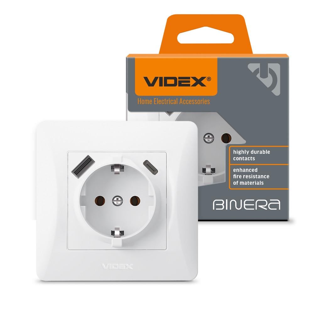 Розетка Videx BINERA с USB+USB-C с заземлением Белый (12015)