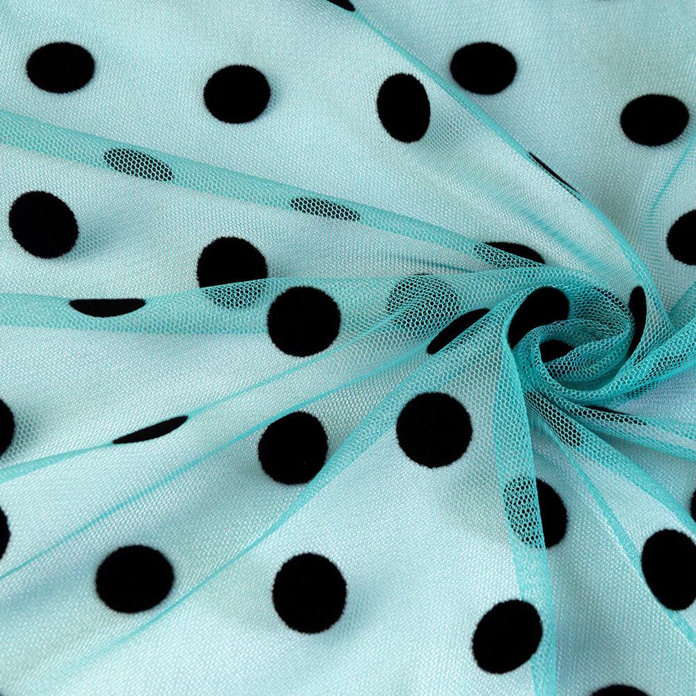 Ткань сетка стрейч Горох с флоком Бирюзово-черный (19411)