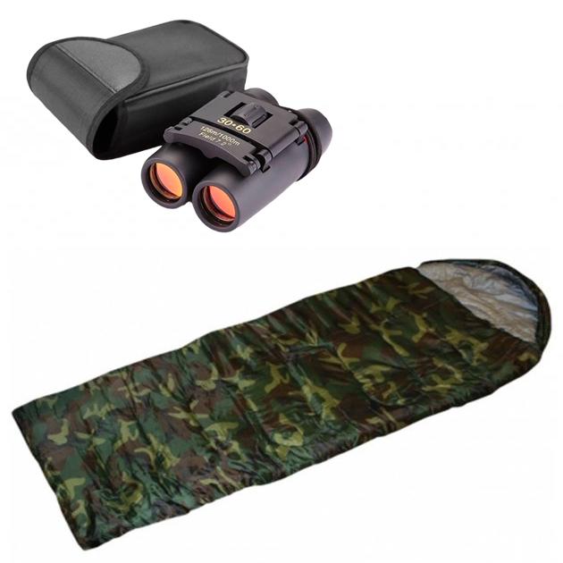 Спальный мешок Army Camo с капюшоном до +8/+18 180х72 см с биноколем 30x60 см (2ab00698)