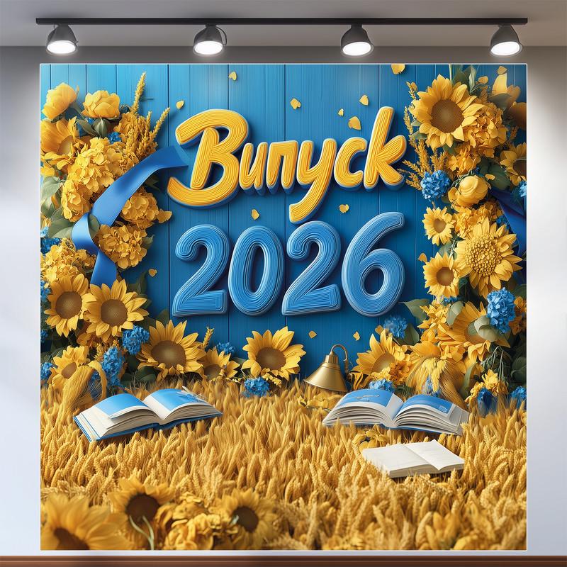 Баннер для фотозоны "Випуск 2026" пшеничное поле и открытые книги патриотический фон 120x120 см №41003 Баннер для фотозоны "Випуск 2026" пшеничное поле и открытые книги патриотический фон 120x120 см №41003