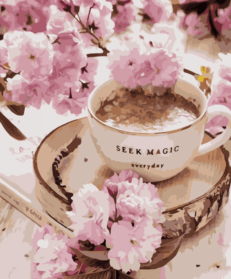 Картина по номерам Strateg Премиум Утренний кофе среди цветов 40x50 см (VA-2928)