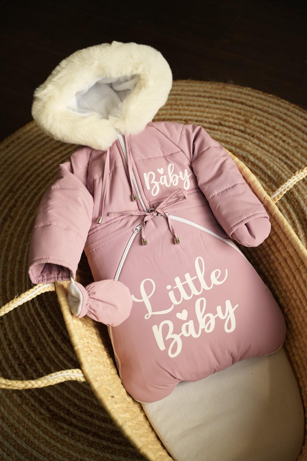 Комбінезон дитячий зимовий трансформер на овчині до двох років 3в1 Пудровий (947)