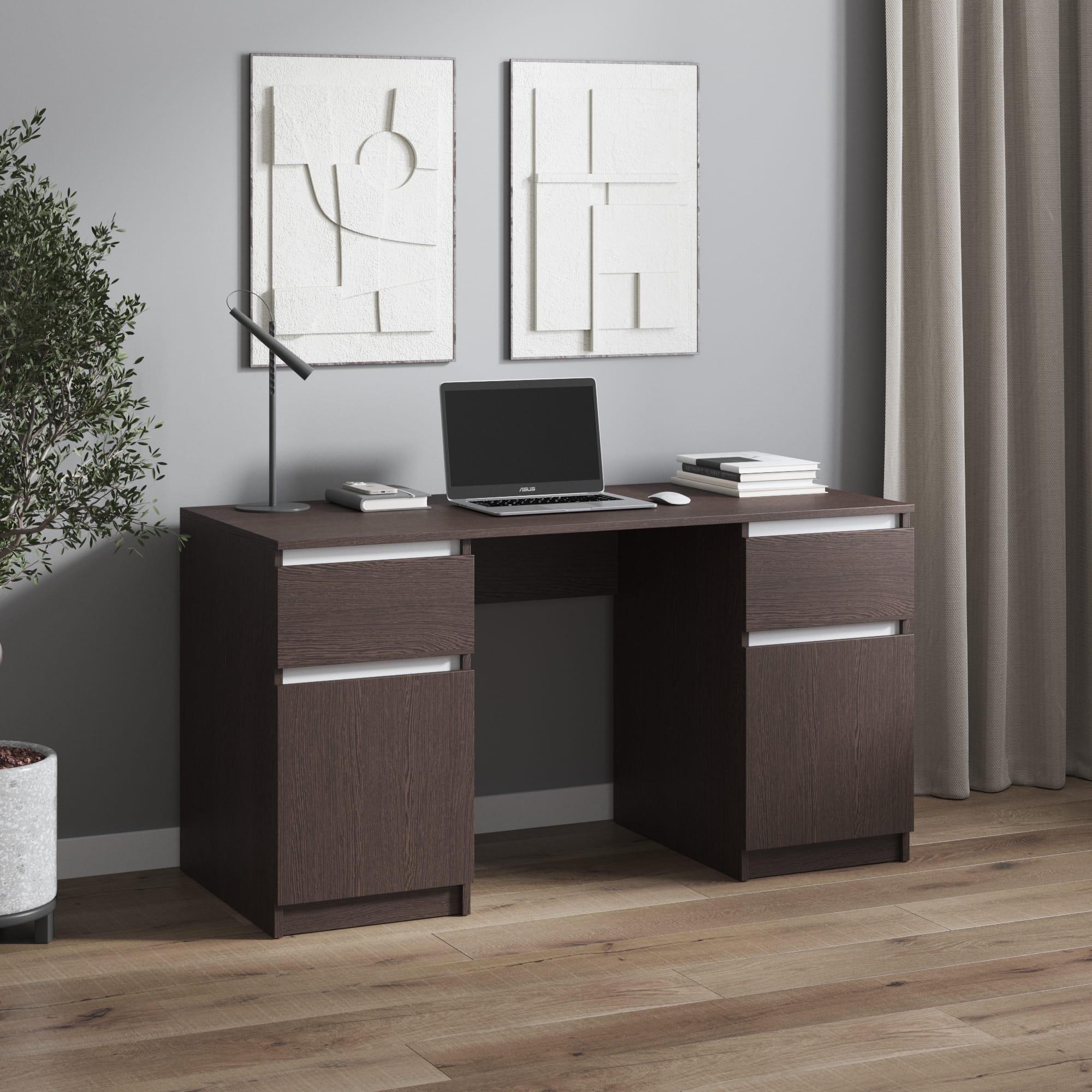 Письменный стол с двумя тумбами ЛДСП с фасадами без ручек Венге темный/белый