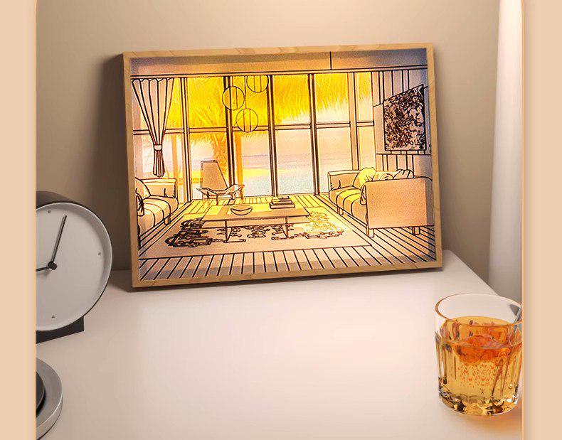 Ночник Led с пейзажем моря и пальмами деревянная рамка 3 режима - фото 2